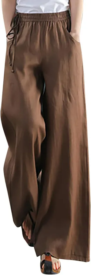 Women's Cotton Linen Palazzo Pants Trendy Wide Leg Pants High Waisted Boho Pants Summer Beach Outfits with Pockets