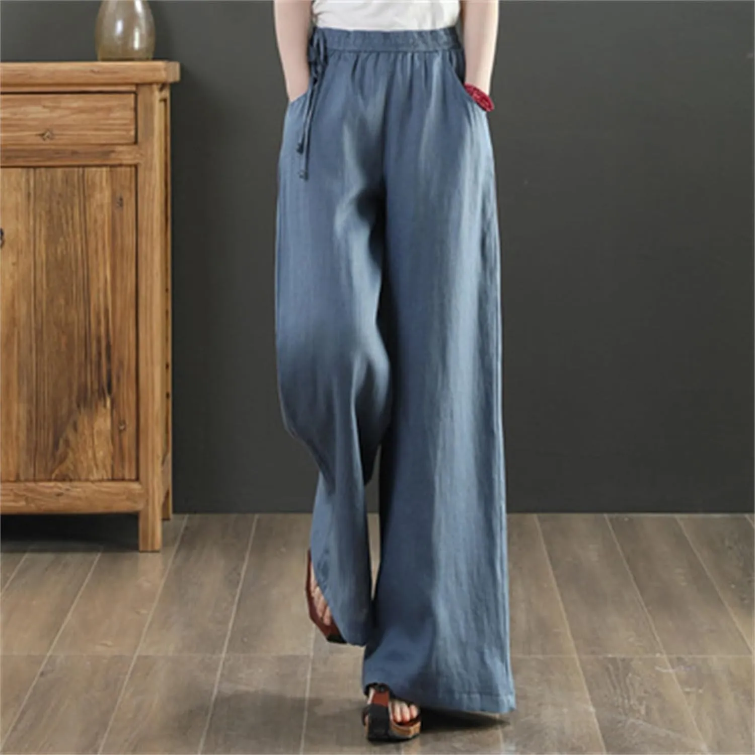 Women's Cotton Linen Palazzo Pants Trendy Wide Leg Pants High Waisted Boho Pants Summer Beach Outfits with Pockets