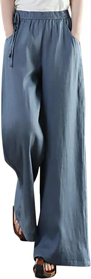 Women's Cotton Linen Palazzo Pants Trendy Wide Leg Pants High Waisted Boho Pants Summer Beach Outfits with Pockets