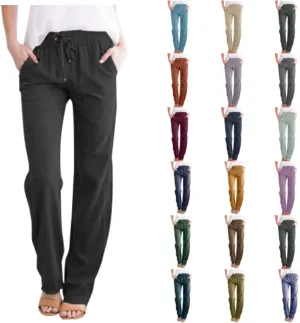Women's Cotton Linen Pants 2025 Summer Elastic Waist Straight Leg Relax Comfy Solid Color Casual Lounge Long Trouser