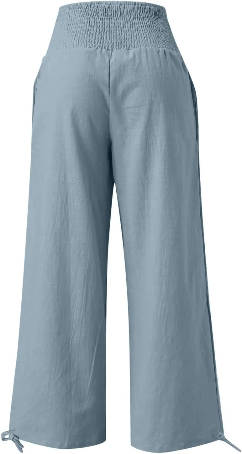 Women's Cotton Linen Pants Baggy Wide Leg Palazzo Pant Casual Loose Elastic High Waist Lounge Trousers with Pockets