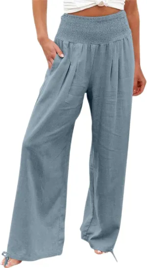 Women's Cotton Linen Pants Baggy Wide Leg Palazzo Pant Casual Loose Elastic High Waist Lounge Trousers with Pockets