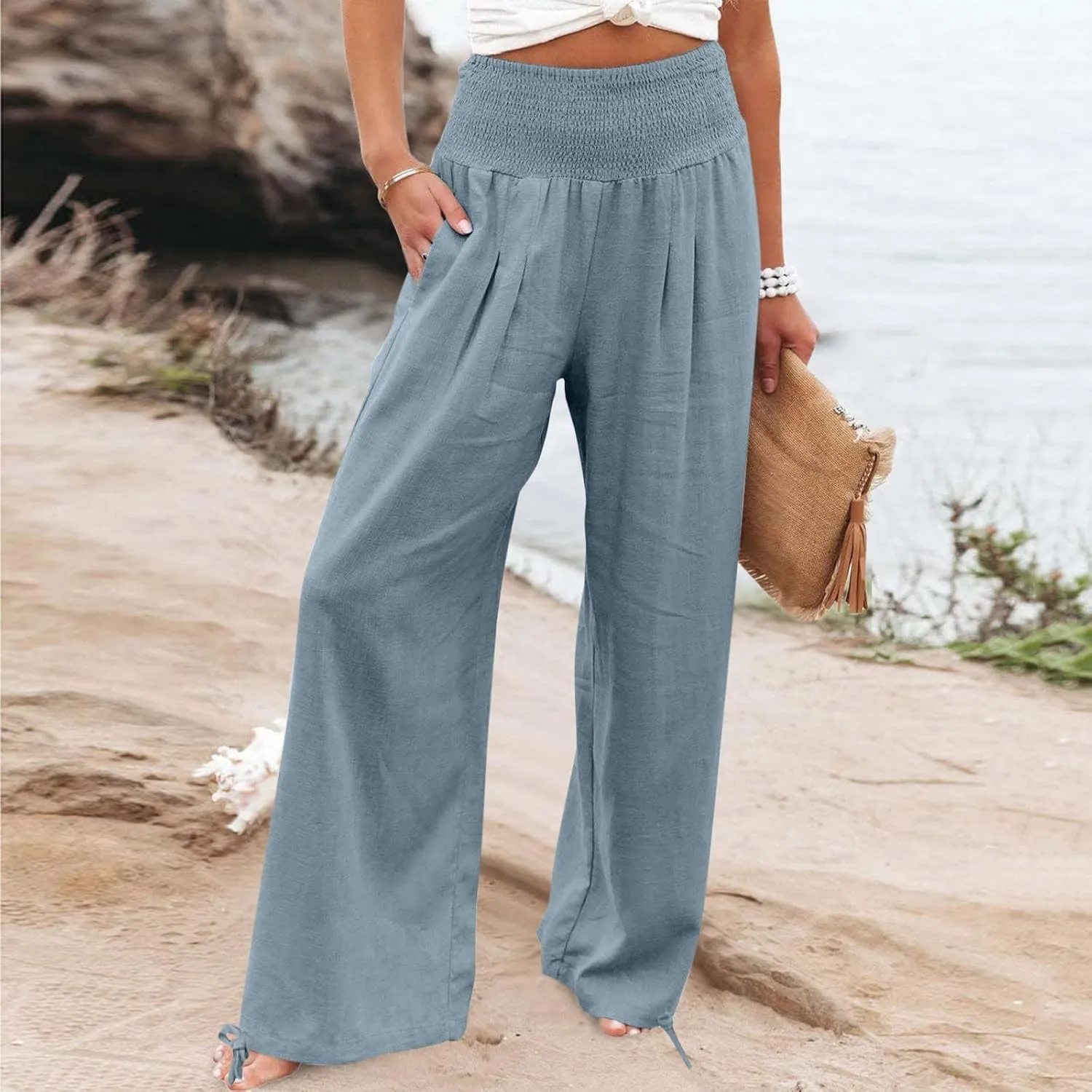 Women's Cotton Linen Pants Baggy Wide Leg Palazzo Pant Casual Loose Elastic High Waist Lounge Trousers with Pockets