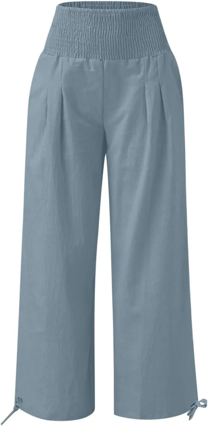 Women's Cotton Linen Pants Baggy Wide Leg Palazzo Pant Casual Loose Elastic High Waist Lounge Trousers with Pockets