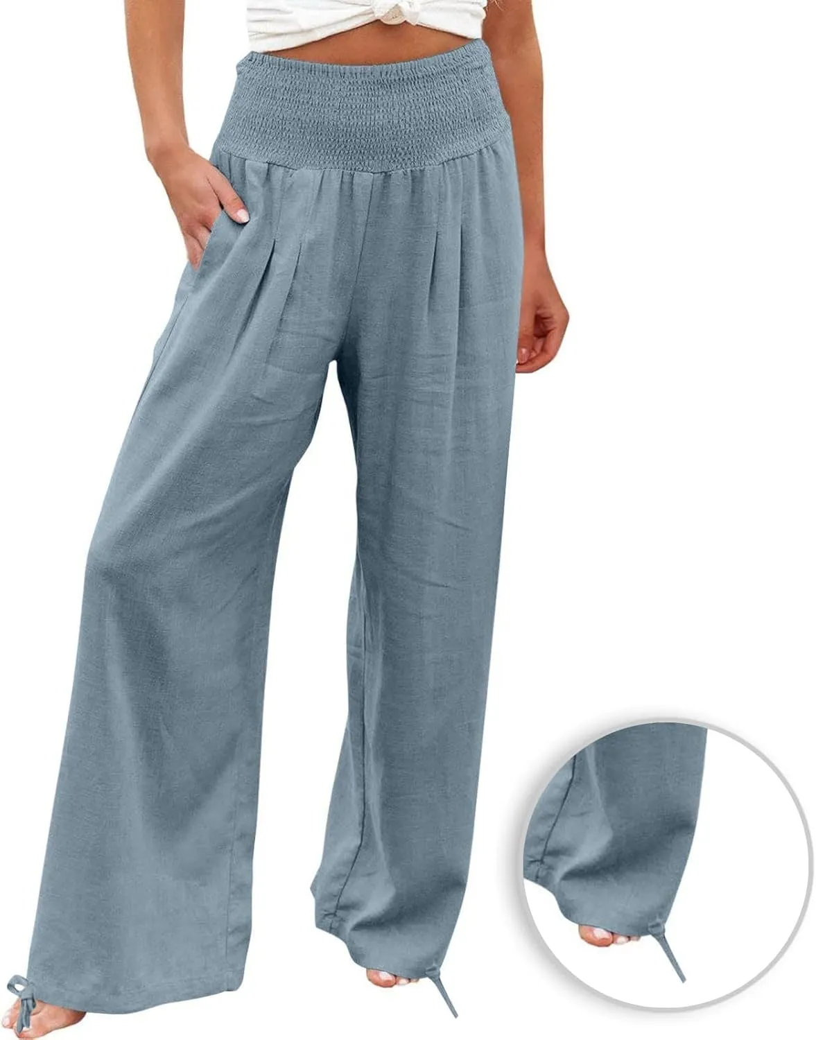 Women's Cotton Linen Pants Baggy Wide Leg Palazzo Pant Casual Loose Elastic High Waist Lounge Trousers with Pockets