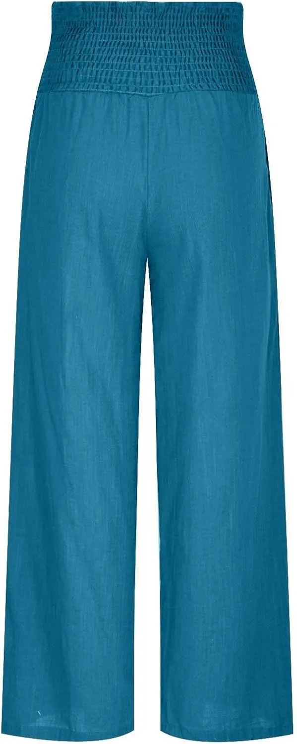 Women's Cotton Linen Pants Elastic High Waisted Pants Casual Wide Leg Trousers Summer Work Smocked Pants with Pockets