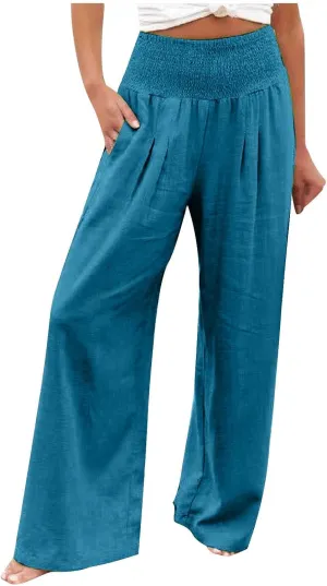 Women's Cotton Linen Pants Elastic High Waisted Pants Casual Wide Leg Trousers Summer Work Smocked Pants with Pockets