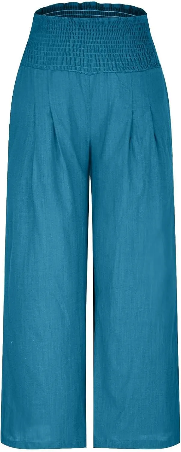 Women's Cotton Linen Pants Elastic High Waisted Pants Casual Wide Leg Trousers Summer Work Smocked Pants with Pockets