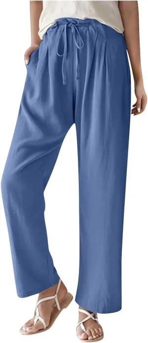 Women's Cotton Linen Pants Summer Drawstring High Waist baggt Wide Leg Pants Casual Loose Trousers with Pockets
