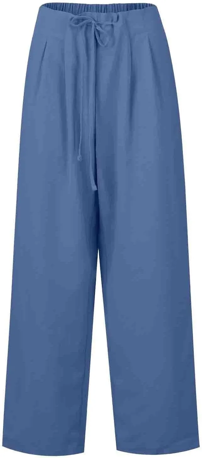 Women's Cotton Linen Pants Summer Drawstring High Waist Loose Wide Leg Pants Plus Size Trousers with Pockets