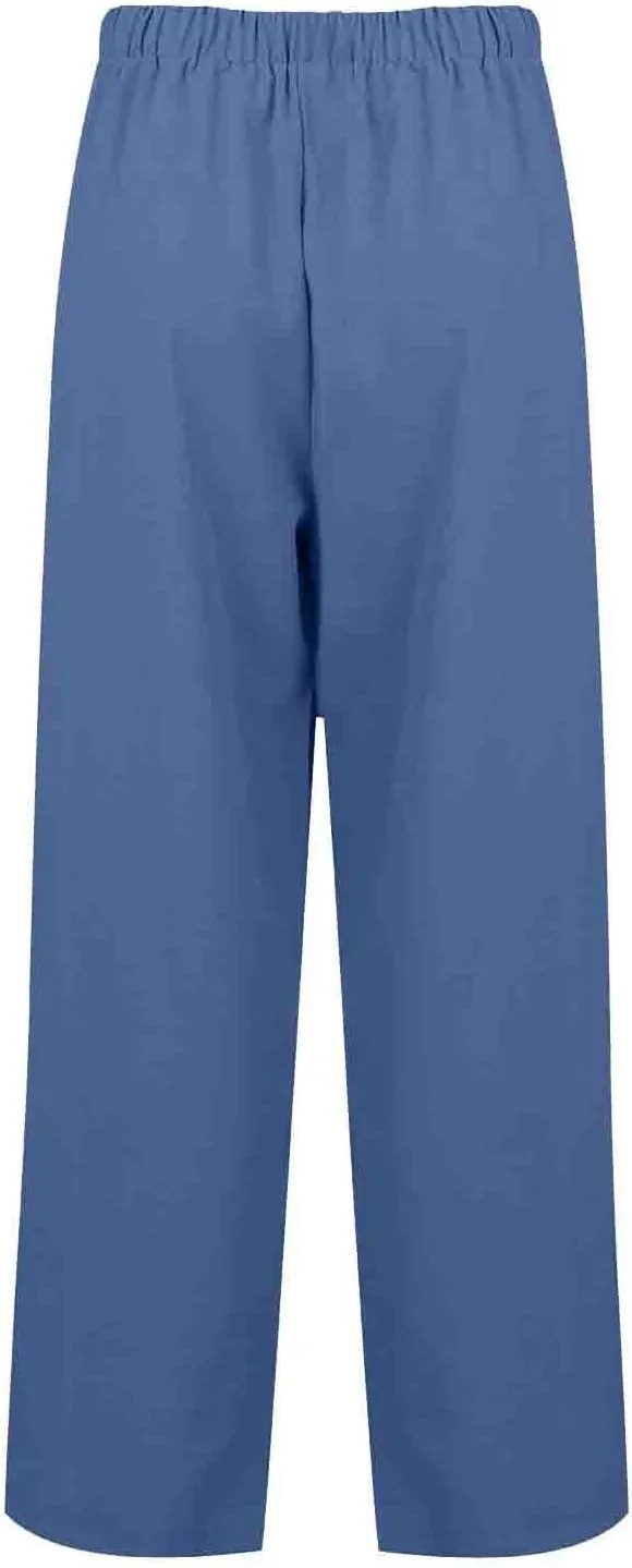 Women's Cotton Linen Pants Summer Drawstring High Waist Loose Wide Leg Pants Plus Size Trousers with Pockets