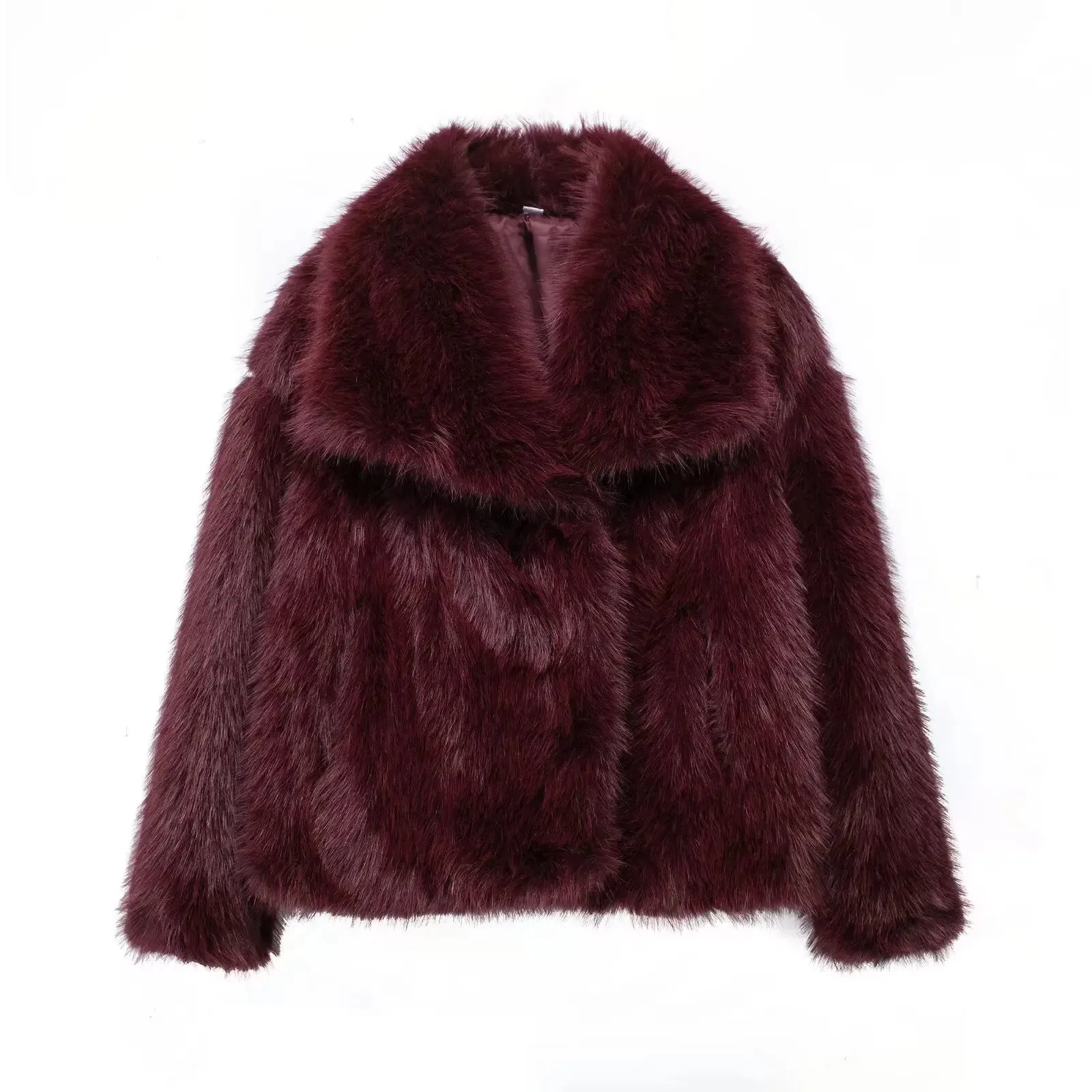 Women's Cropped Faux Fur Long Sleeve Front Snap-Button Lapel Collar Thick Coat