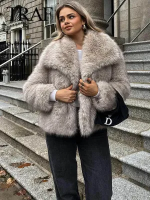 Women's Cropped Faux Fur Long Sleeve Front Snap-Button Lapel Collar Thick Coat