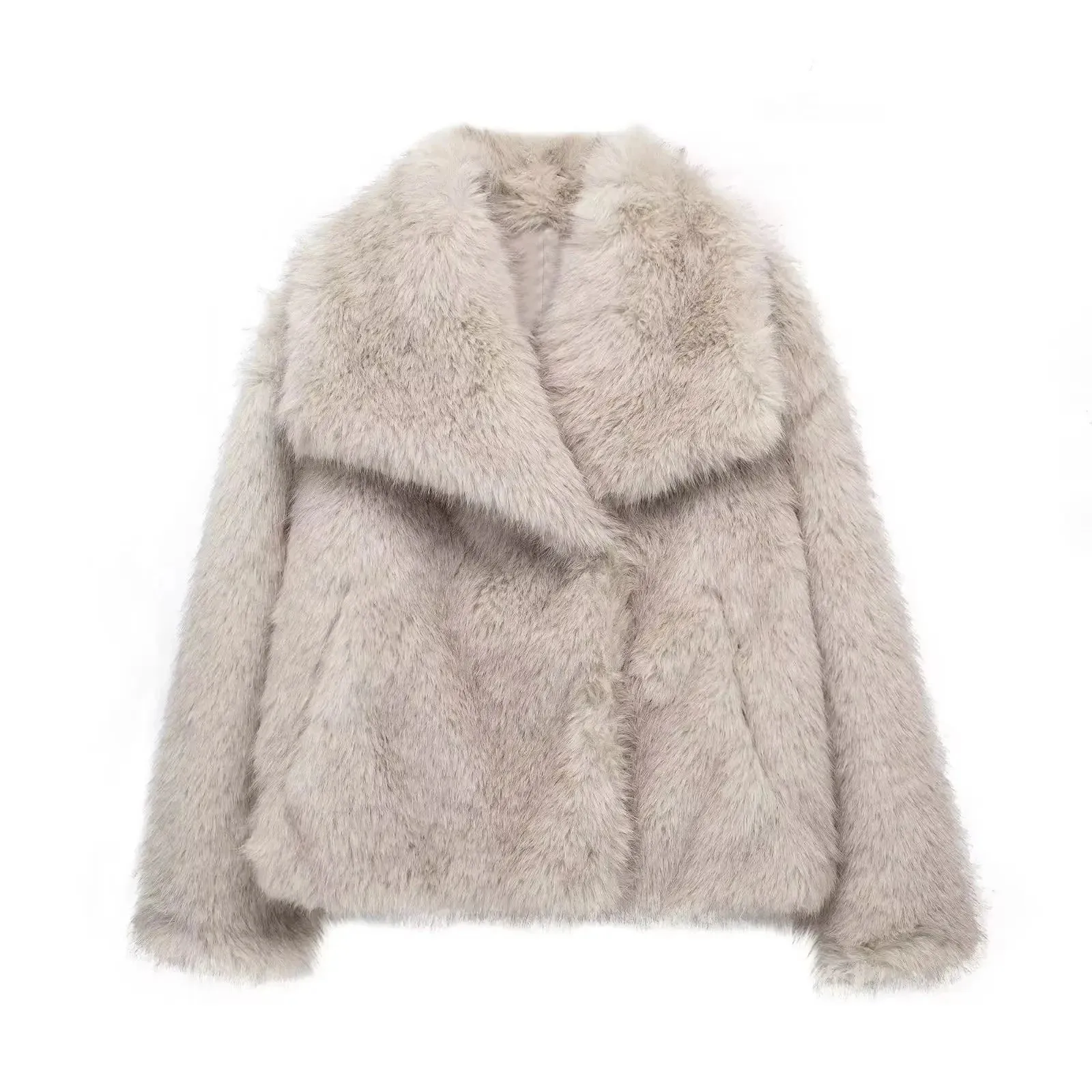 Women's Cropped Faux Fur Long Sleeve Front Snap-Button Lapel Collar Thick Coat