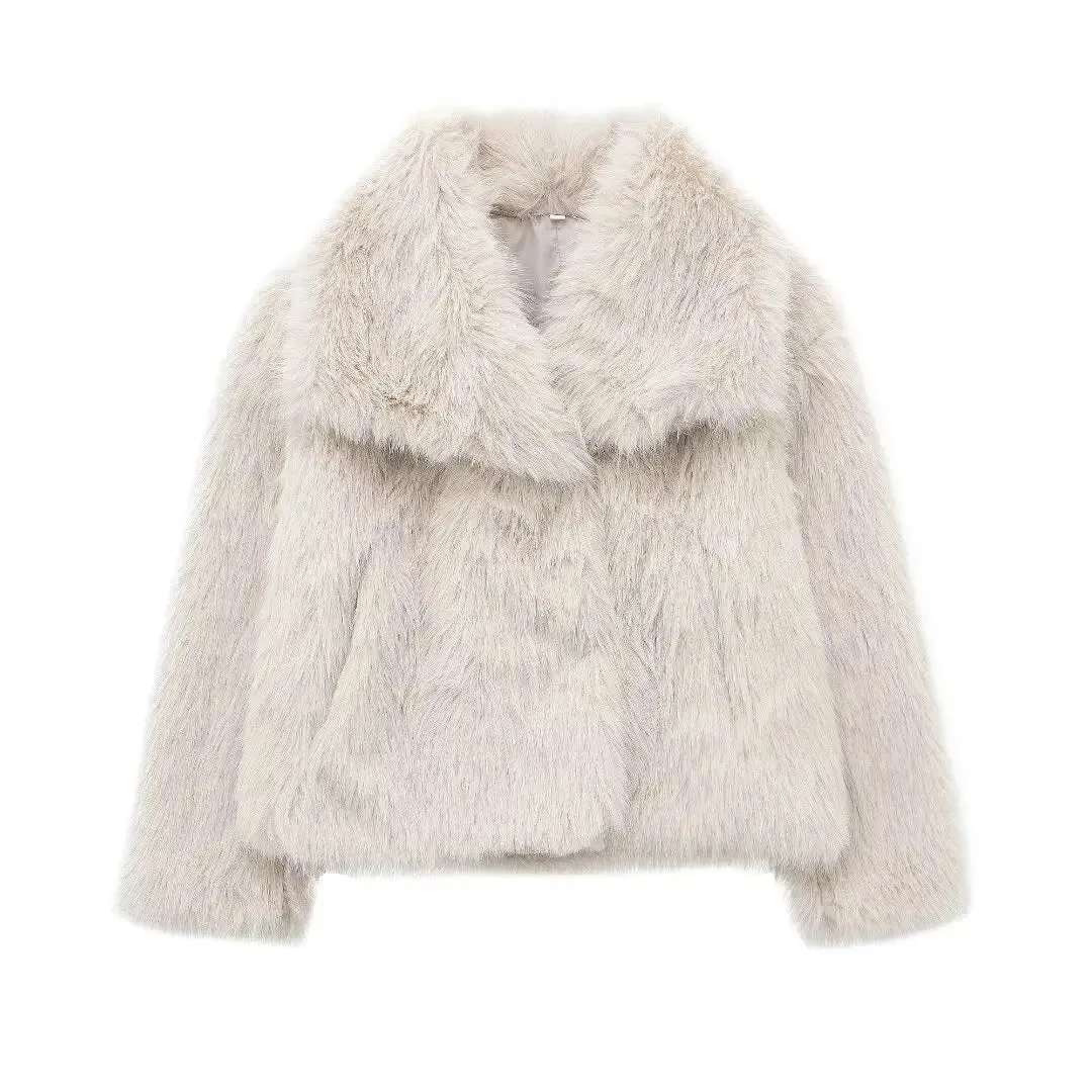 Women's Cropped Faux Fur Long Sleeve Front Snap-Button Lapel Collar Thick Coat