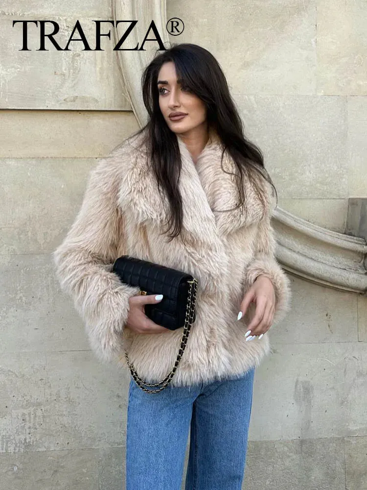 Women's Cropped Faux Fur Long Sleeve Front Snap-Button Lapel Collar Thick Coat