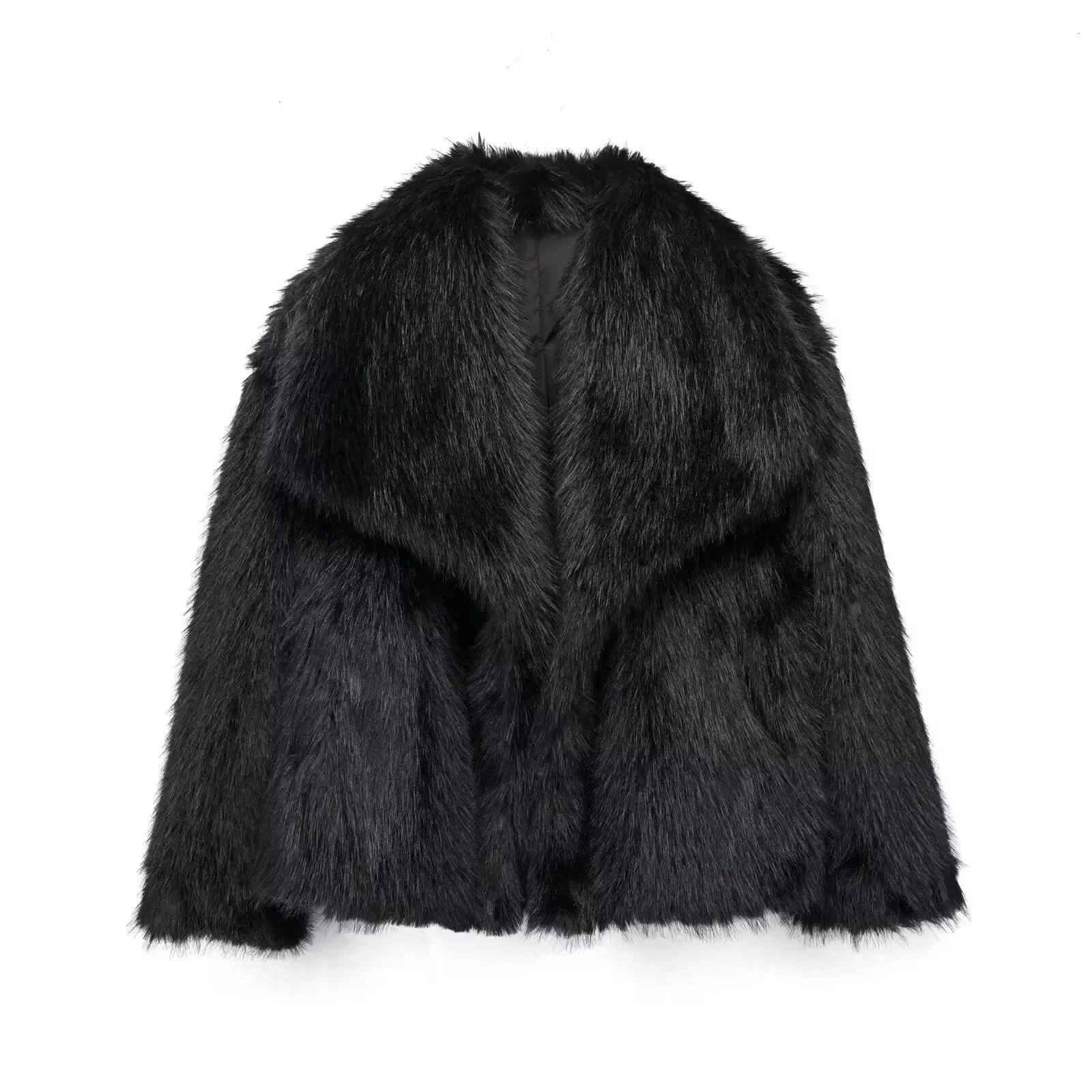 Women's Cropped Faux Fur Long Sleeve Front Snap-Button Lapel Collar Thick Coat