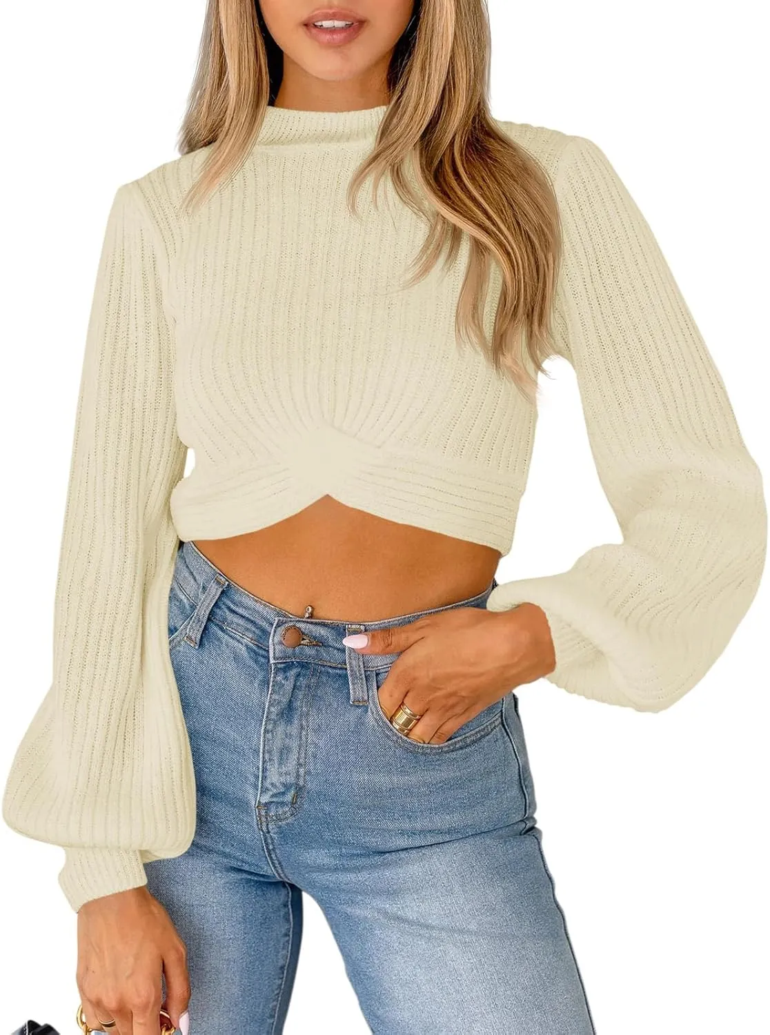 Womens Fall Winter Cropped Sweater Causal Mock Neck Ribbed Knit Pullover Jumper Tops