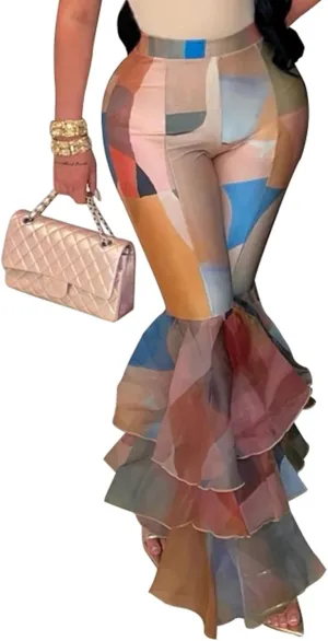 Womens Flare Leggings Tie Dye Pleated Layered Ruffle Hem High Waisted Pants Mermaid Bell Bottom Pants