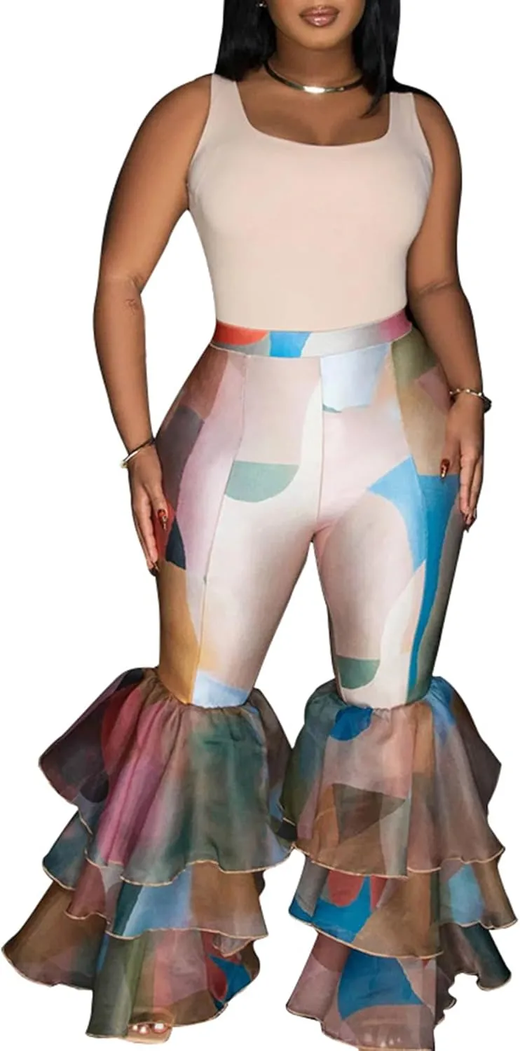 Womens Flare Leggings Tie Dye Pleated Layered Ruffle Hem High Waisted Pants Mermaid Bell Bottom Pants