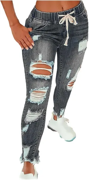 Women's High Waisted Ripped Jeans Slim Fit Skinny Stretch Denims Pants Casual Drawstring Cropped Destroyed Trousers