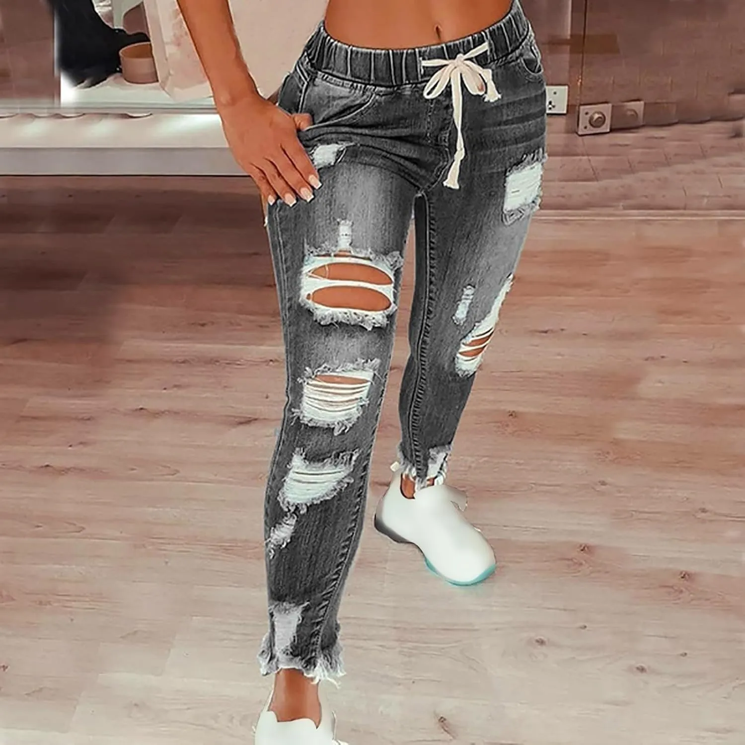 Women's High Waisted Ripped Jeans Slim Fit Skinny Stretch Denims Pants Casual Drawstring Cropped Destroyed Trousers