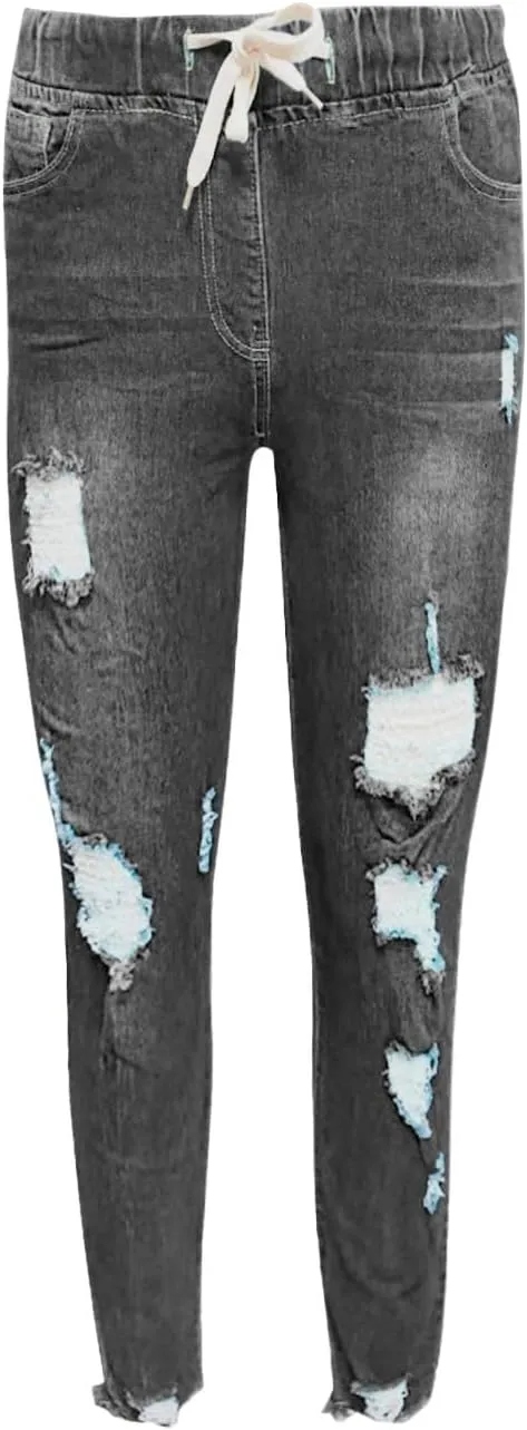 Women's High Waisted Ripped Jeans Slim Fit Skinny Stretch Denims Pants Casual Drawstring Cropped Destroyed Trousers