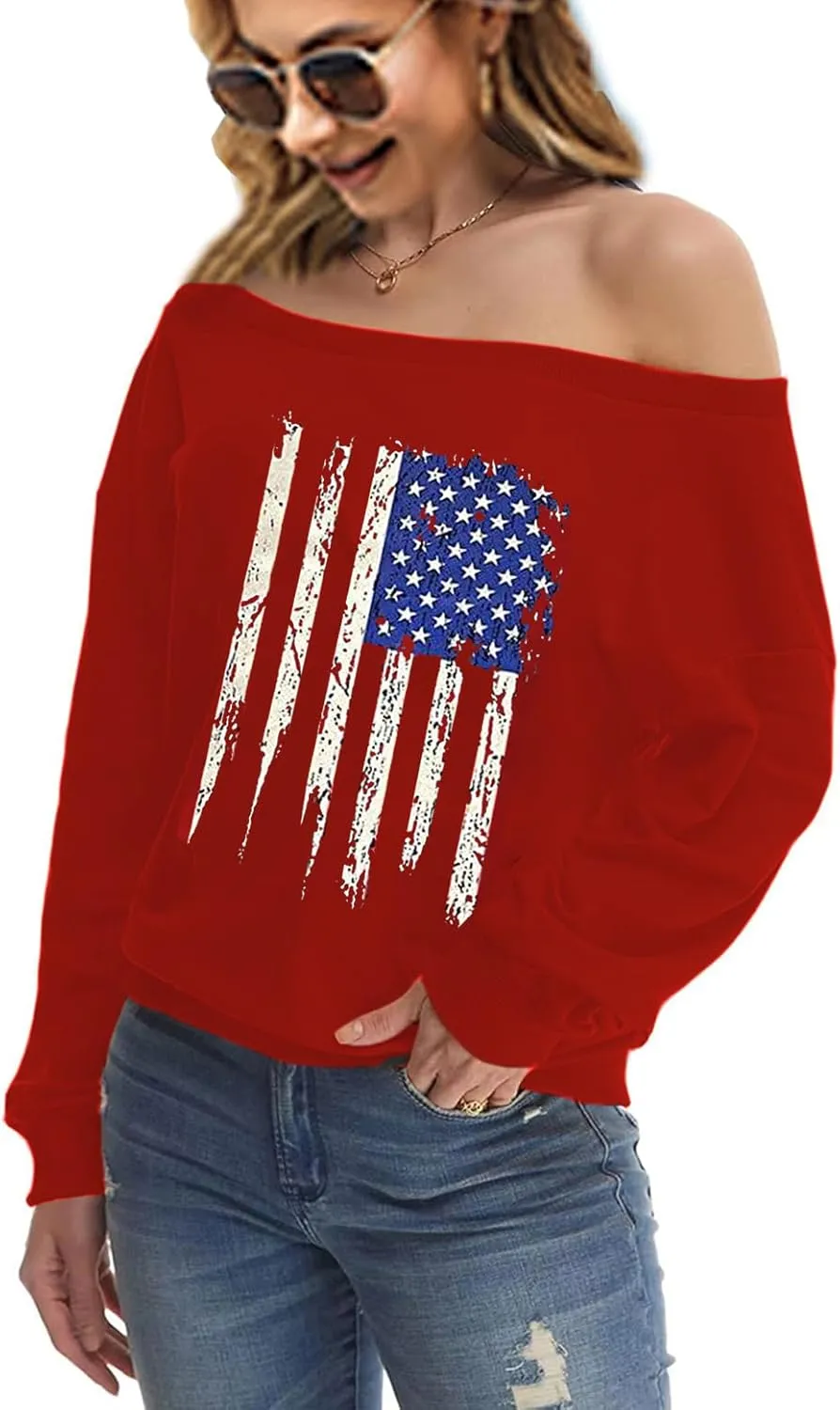 Womens Holiday Off the Shoulder Long Sleeve Loose Slouchy Sweatshirt Pullover Letter Printed Tops