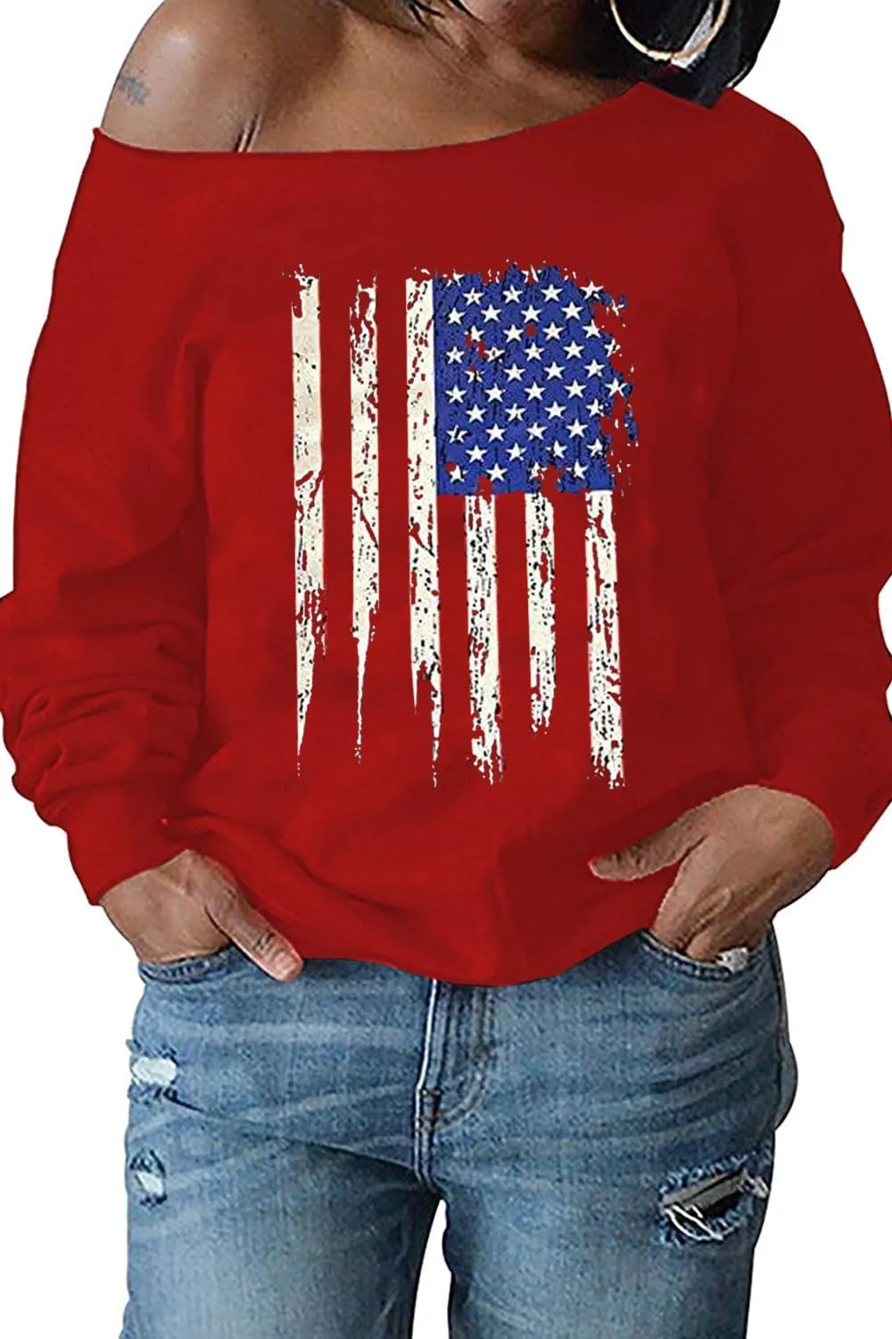 Womens Holiday Off the Shoulder Long Sleeve Loose Slouchy Sweatshirt Pullover Letter Printed Tops