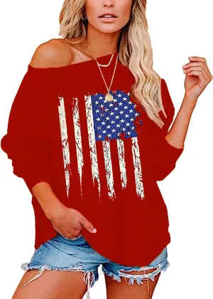 Womens Holiday Off the Shoulder Long Sleeve Loose Slouchy Sweatshirt Pullover Letter Printed Tops