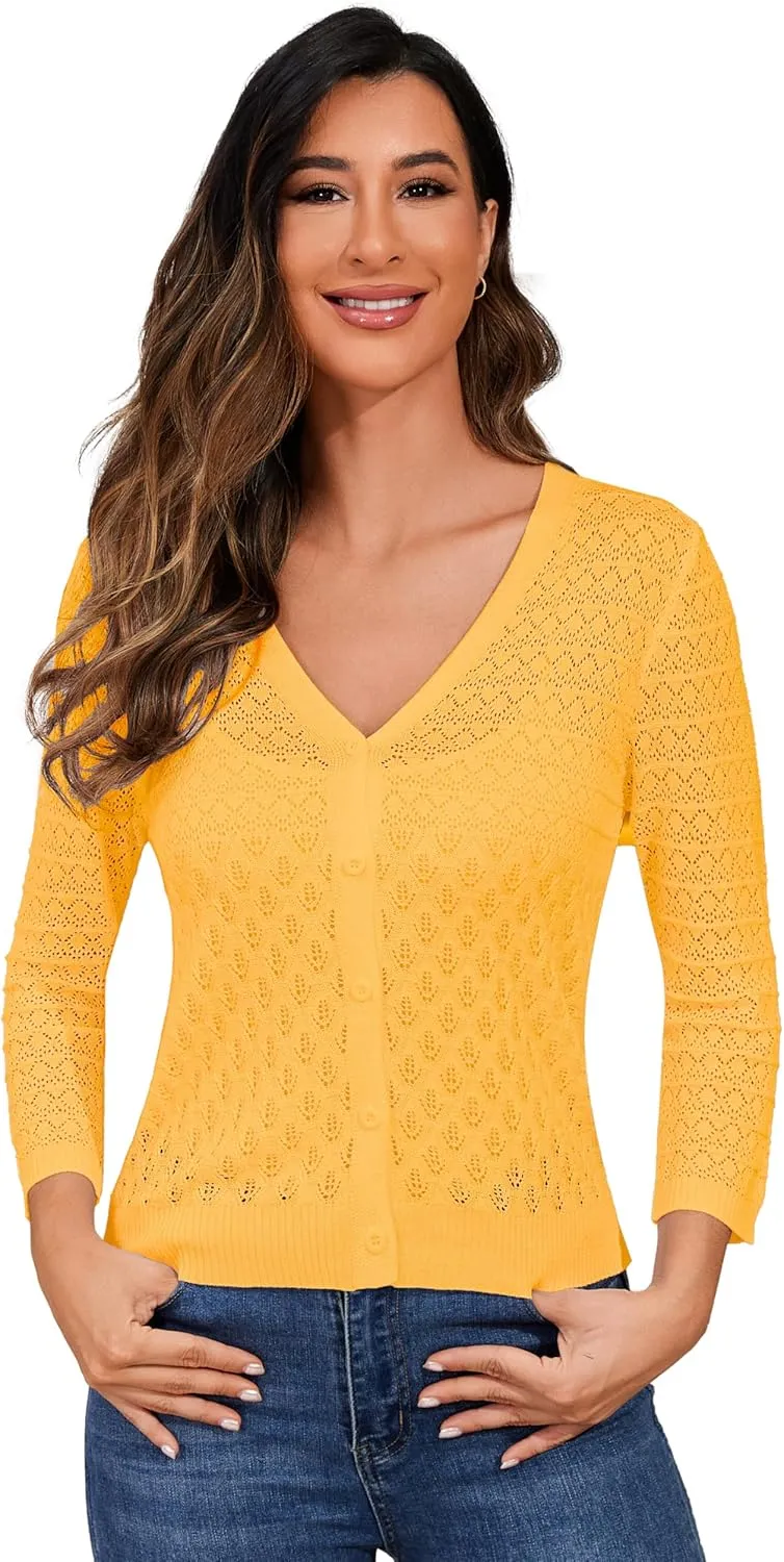 Women's Lightweight Crochet Cardigan 3/4 Sleeve Cropped V Neck Button Shrug Knit Sweater Tops