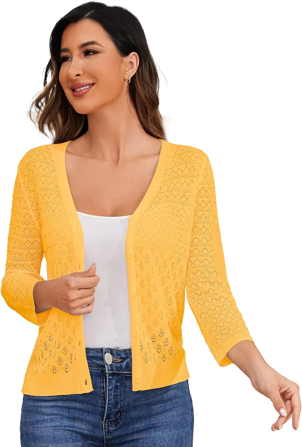 Women's Lightweight Crochet Cardigan 3/4 Sleeve Cropped V Neck Button Shrug Knit Sweater Tops
