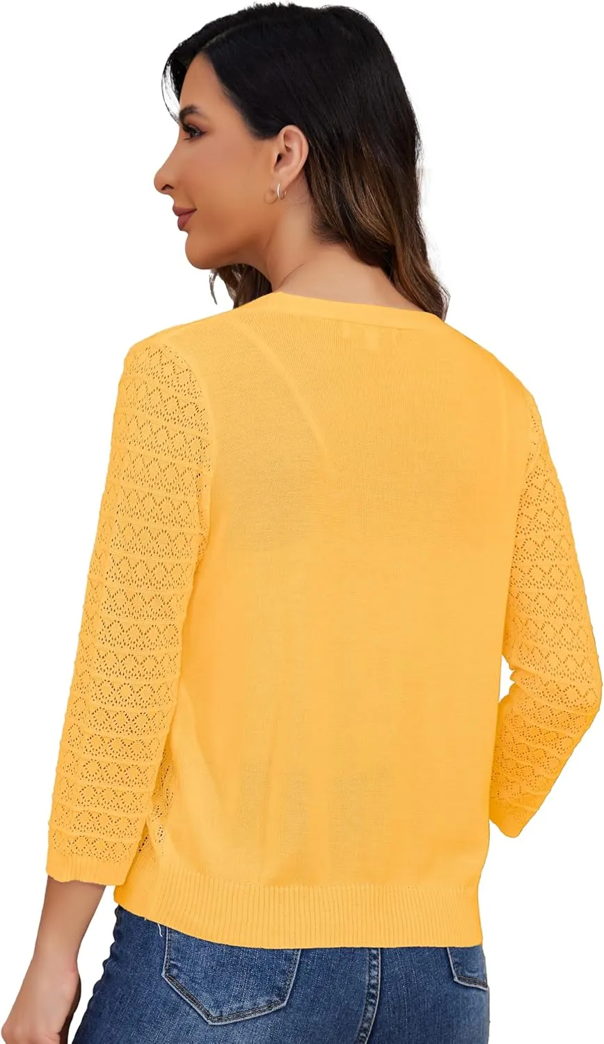 Women's Lightweight Crochet Cardigan 3/4 Sleeve Cropped V Neck Button Shrug Knit Sweater Tops