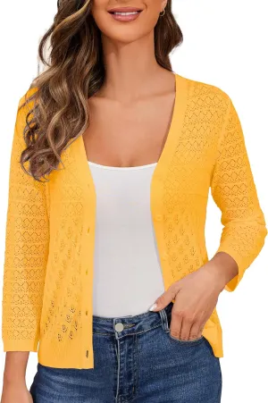 Women's Lightweight Crochet Cardigan 3/4 Sleeve Cropped V Neck Button Shrug Knit Sweater Tops