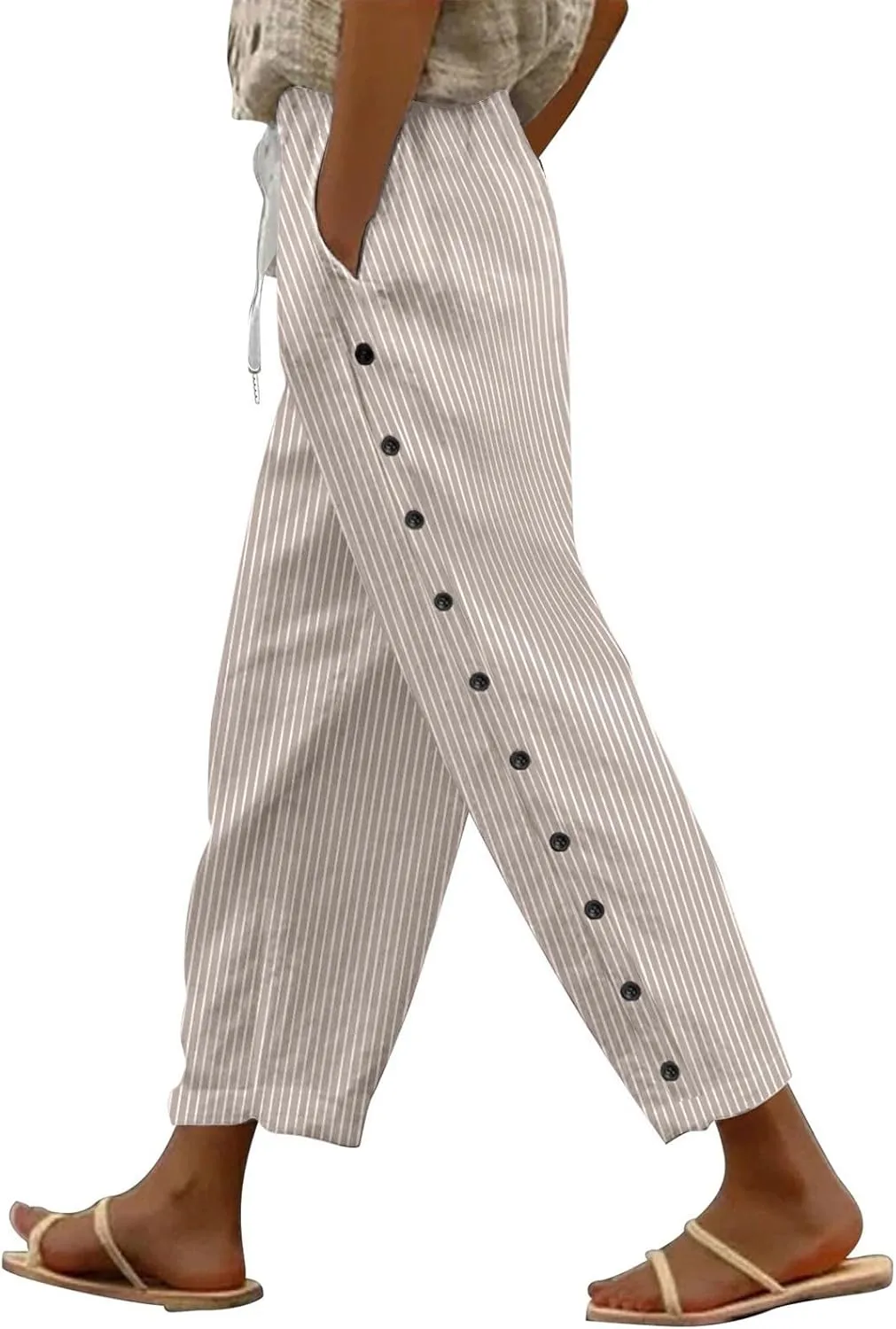 Women's Linen Capri Pants with Drawstring Petite High Waist Elastic Straight Leg Lounge Summer Beachwear Pants
