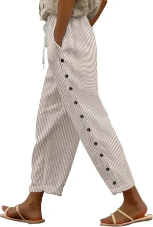 Women's Linen Capri Pants with Drawstring Petite High Waist Elastic Straight Leg Lounge Summer Beachwear Pants