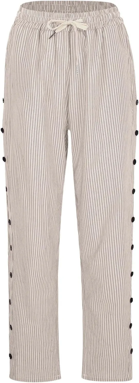 Women's Linen Capri Pants with Drawstring Petite High Waist Elastic Straight Leg Lounge Summer Beachwear Pants