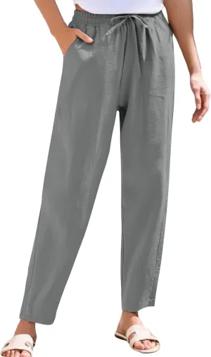 Women's Linen Capris Drawstring High Waisted Wide Leg Casual Beach Pants Summer Lounge Cropped Trousers with Pockets