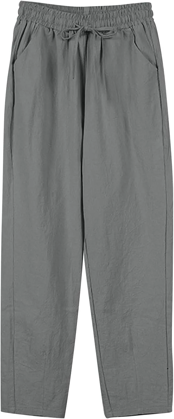 Women's Linen Capris Drawstring High Waisted Wide Leg Casual Beach Pants Summer Lounge Cropped Trousers with Pockets