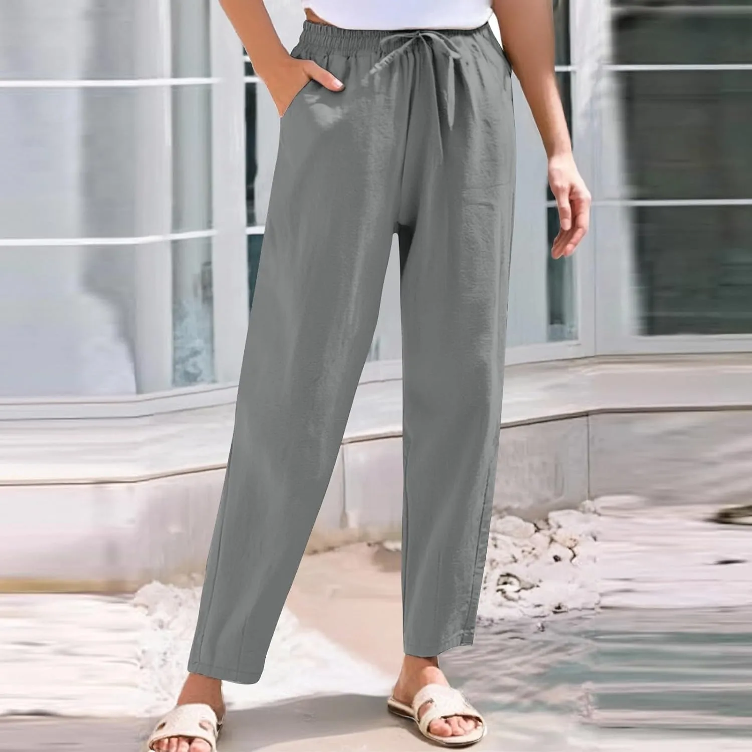 Women's Linen Capris Drawstring High Waisted Wide Leg Casual Beach Pants Summer Lounge Cropped Trousers with Pockets