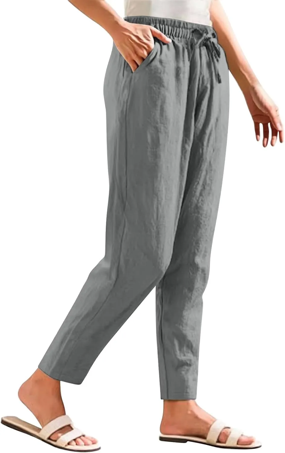 Women's Linen Capris Drawstring High Waisted Wide Leg Casual Beach Pants Summer Lounge Cropped Trousers with Pockets