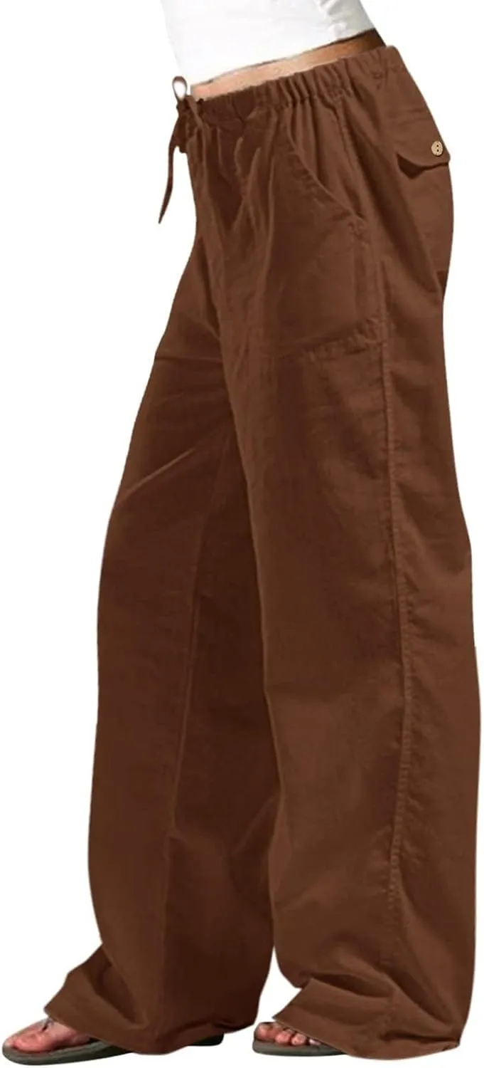 Womens Linen Cargo Pants Summer Elastic High Waist Pant Drawstring Harem Lounge Pant Plus Size Trousers with Pockets