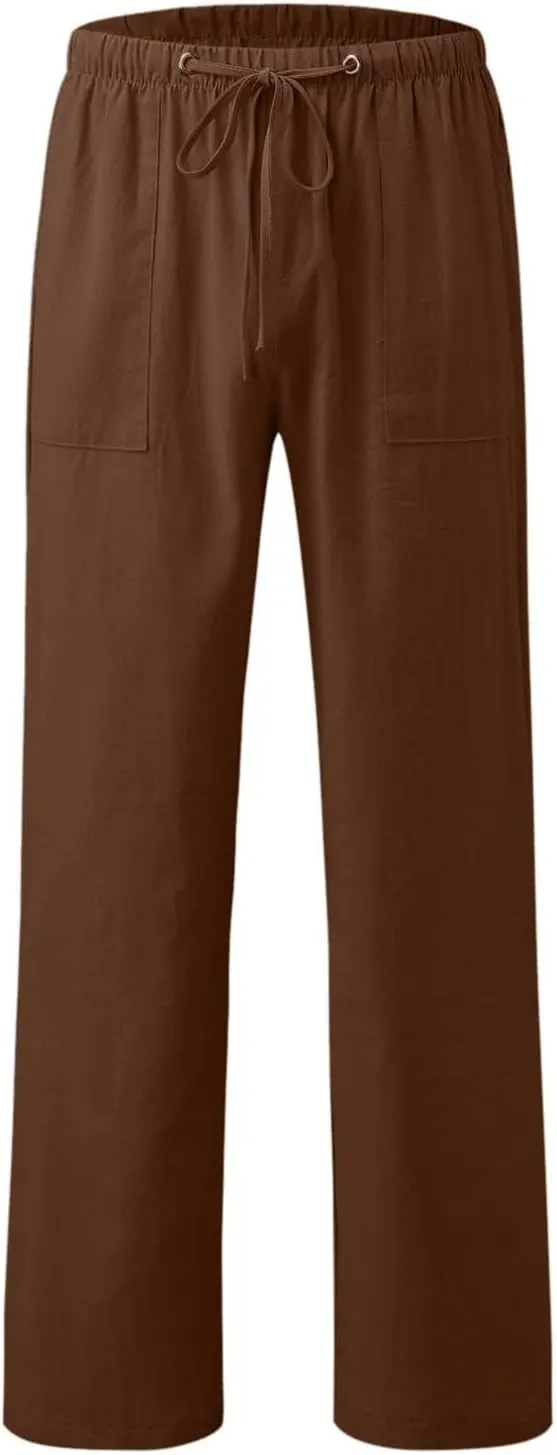 Womens Linen Cargo Pants Summer Elastic High Waist Pant Drawstring Harem Lounge Pant Plus Size Trousers with Pockets