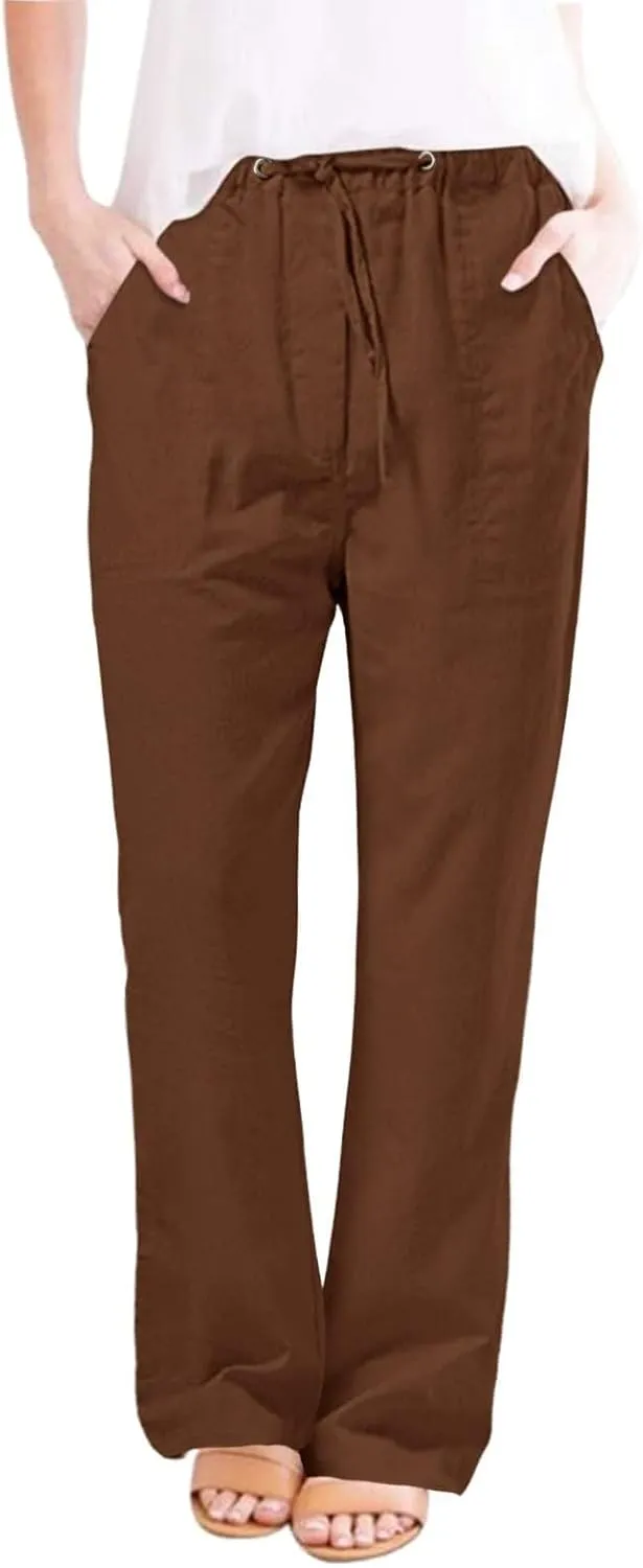 Womens Linen Cargo Pants Summer Elastic High Waist Pant Drawstring Harem Lounge Pant Plus Size Trousers with Pockets