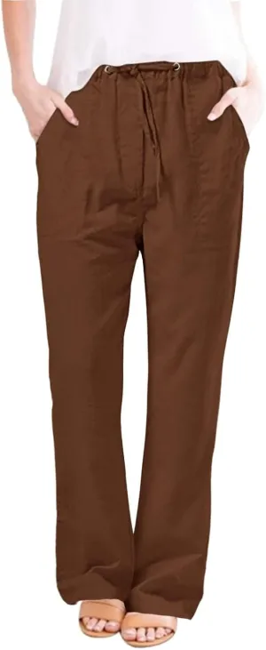 Womens Linen Cargo Pants Summer Elastic High Waist Pant Drawstring Harem Lounge Pant Plus Size Trousers with Pockets