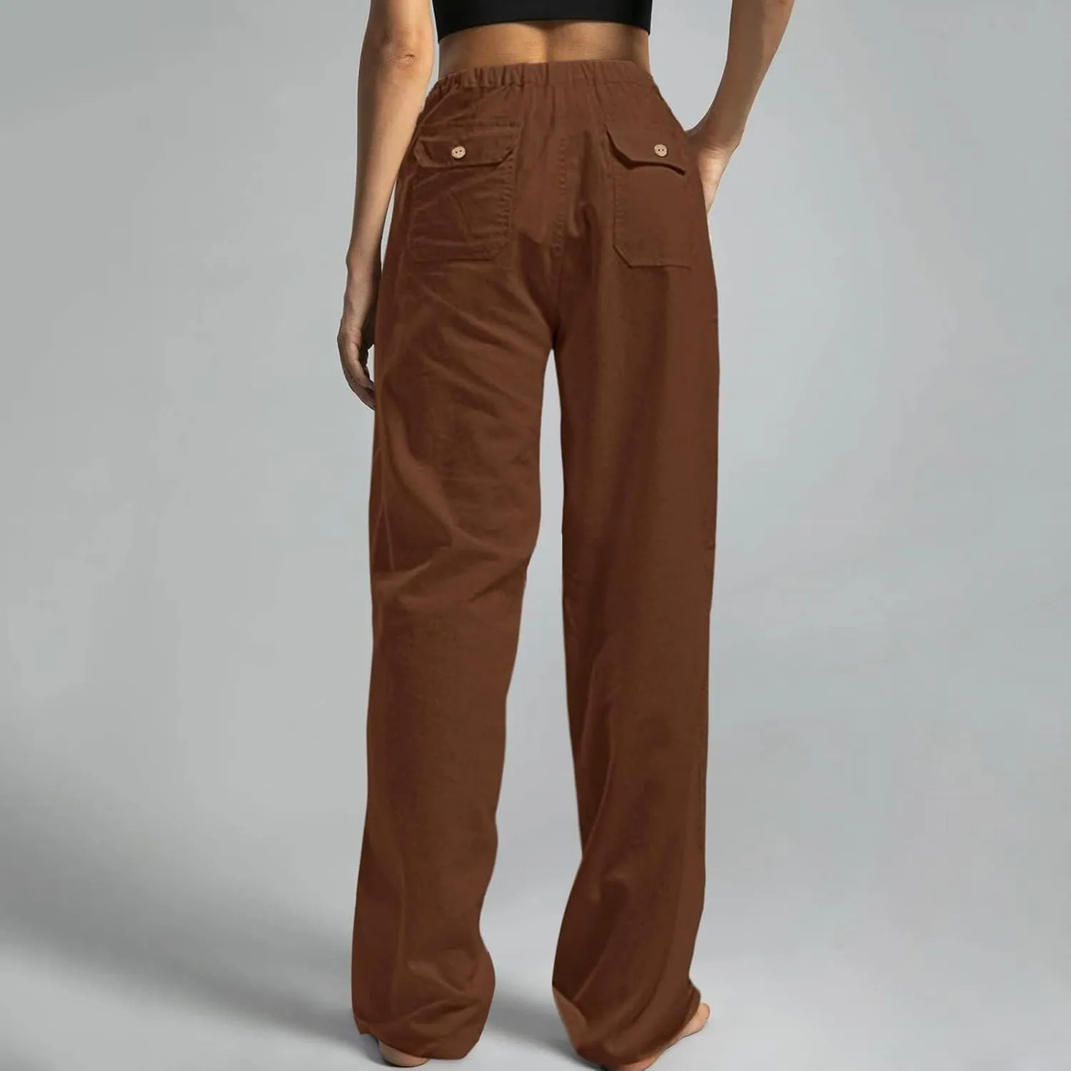 Womens Linen Cargo Pants Summer Elastic High Waist Pant Drawstring Harem Lounge Pant Plus Size Trousers with Pockets