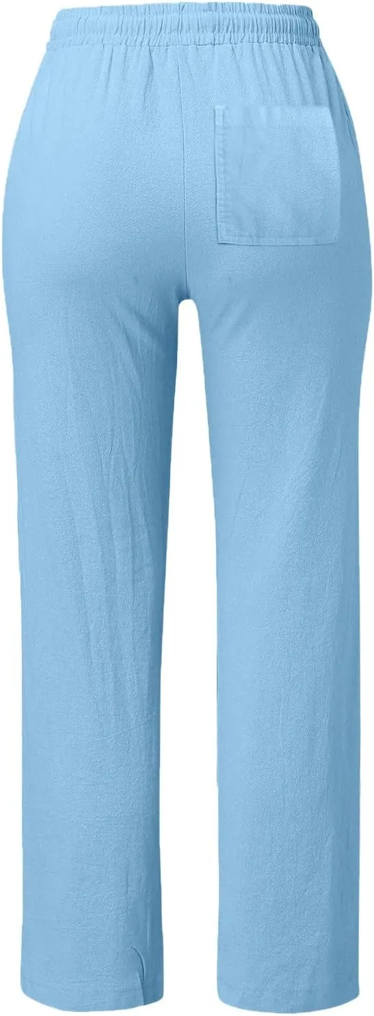 Women's Linen Casual Pants Summer Drawstring Straight Leg Trousers Lightweight Elastic Waist Cotton Pant with Pockets