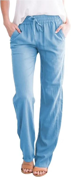 Women's Linen Casual Pants Summer Drawstring Straight Leg Trousers Lightweight Elastic Waist Cotton Pant with Pockets