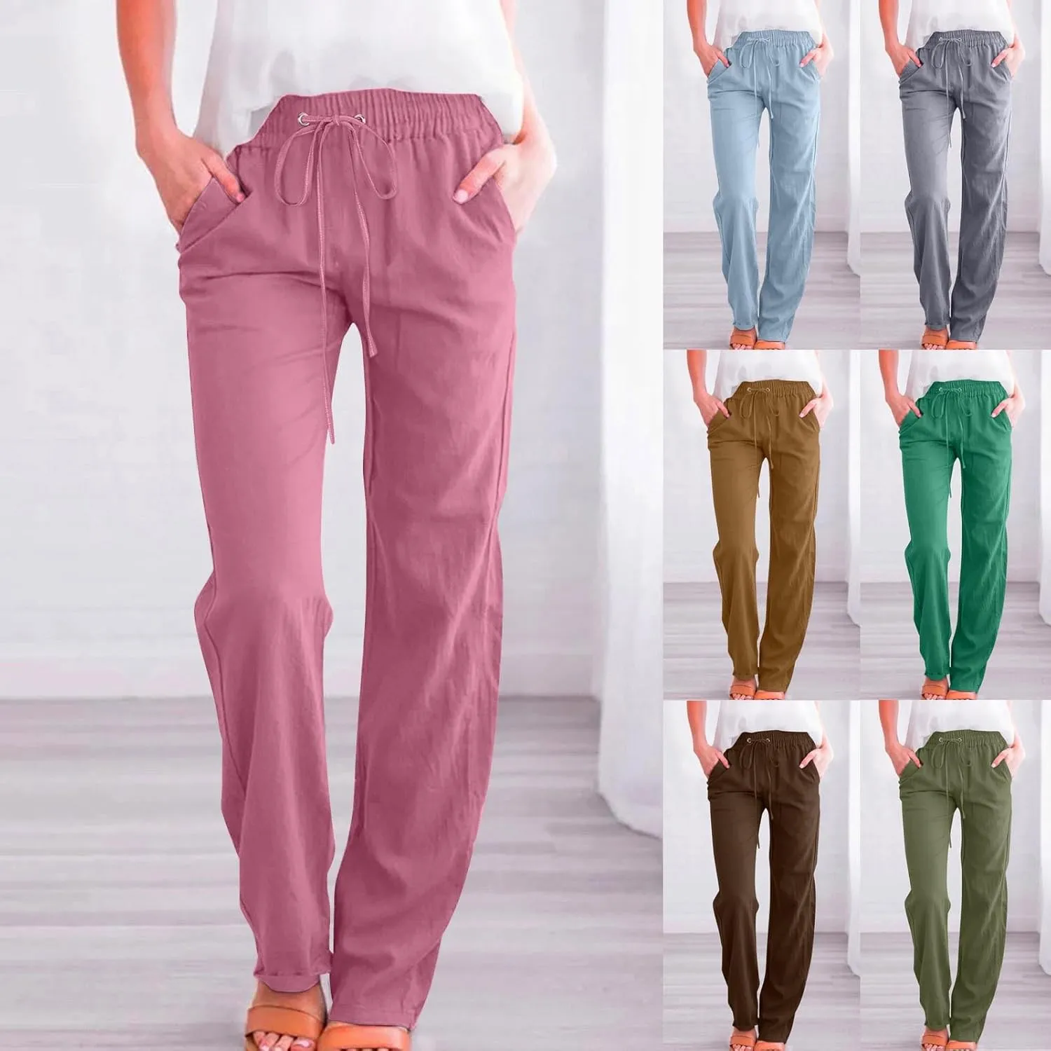Women's Linen Cotton Casual Pants Lounge Pants Drawstring with Pockets Elastic Waist Straight Leg Pants Loose Trouser