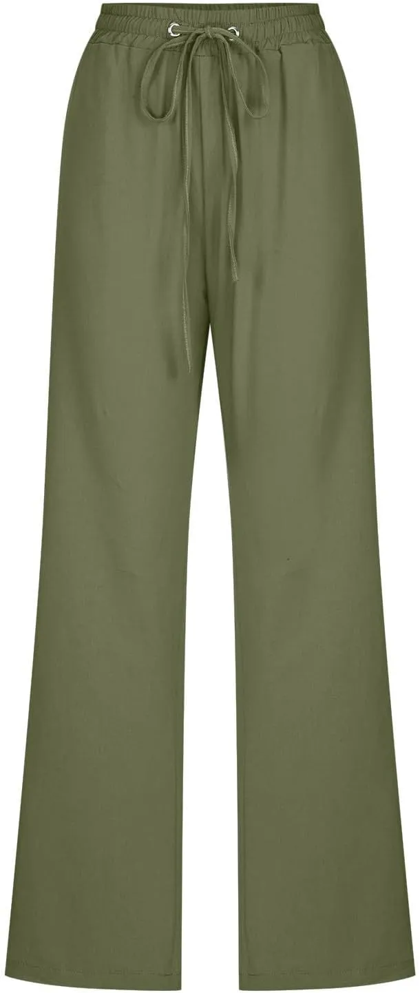 Women's Linen Cotton Casual Pants Lounge Pants Drawstring with Pockets Elastic Waist Straight Leg Pants Loose Trouser
